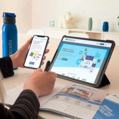 a woman sitting at a table using a tablet